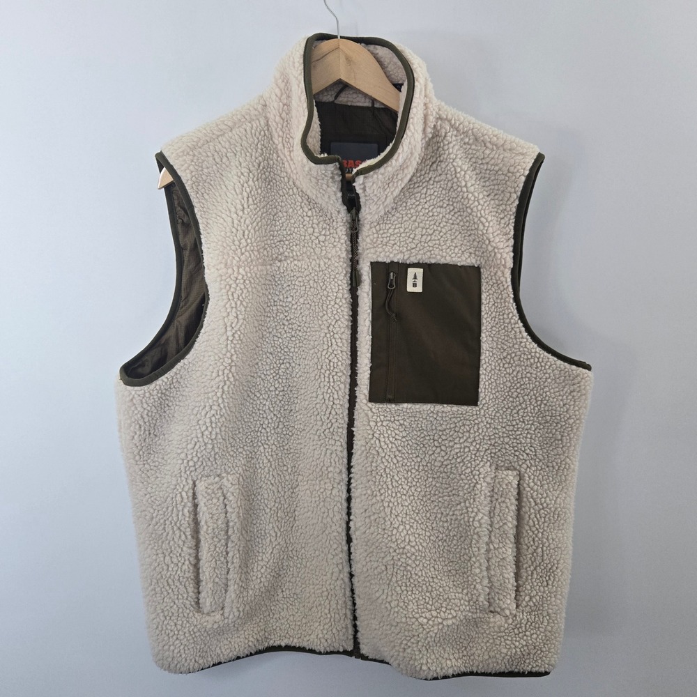 Bass Outdoor Sherpa Fleece Vest Mens XL Cream Green Full Zip‎ Gorpcore Hiking
